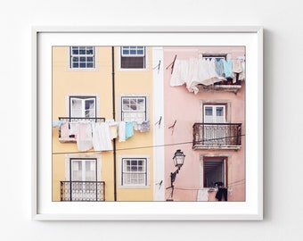 Laundry Room Decor Travel Photography, Lisbon Portugal Print, Laundry Line, Pink Yellow, Clothes Line Print