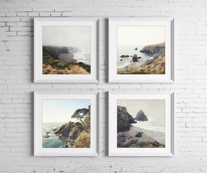 Rustic Coastal Prints, Ocean Photography, Gallery Wall Set, California, Seascapes, Square Print Set 5x5 8x8 Neutral Living Room Decor image 3