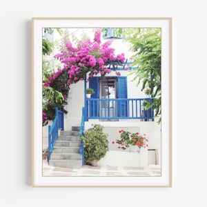 Greece Photography - Blue Pink Wall Art, Door Print, Entryway Art, Pink Flowers, Greece Travel Photography Print 8x10 11x14 Print