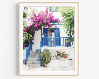 Greece Photography - Blue Pink Wall Art, Door Print, Entryway Art, Pink Flowers, Greece Travel Photography Print 8x10 11x14 Print