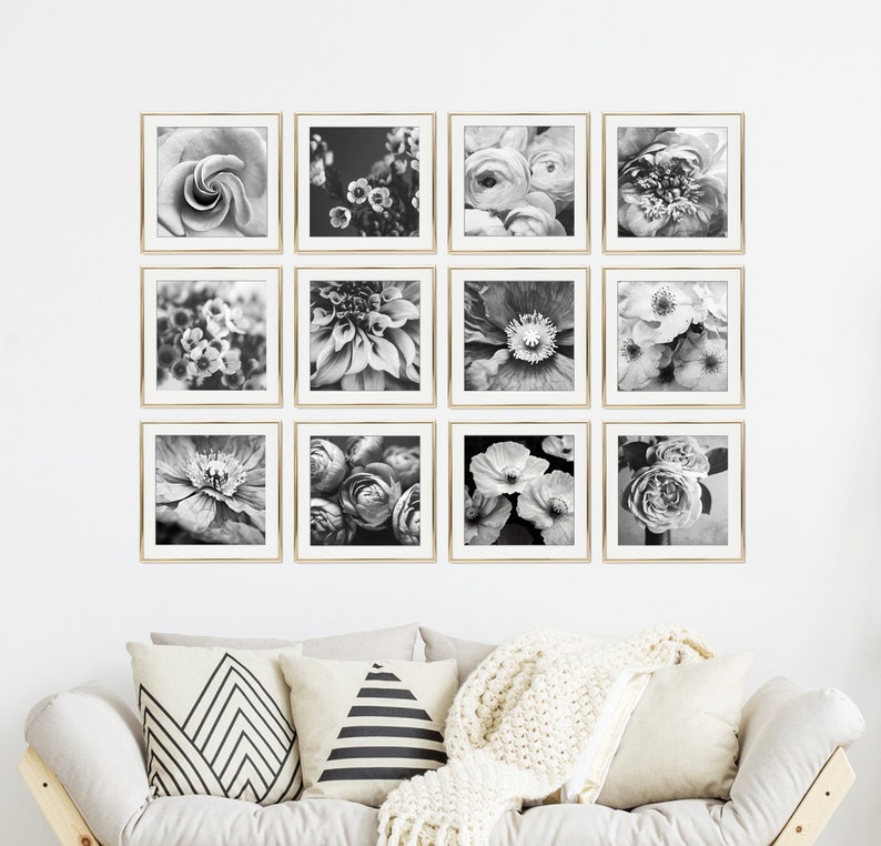 Flower Photography Set of 12 Prints Black and White Photography, Botanical Prints, Floral Wall Art, Gallery Wall Set, 5x5 8x8 Prints imagem 1