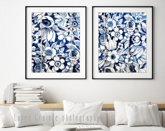 Lisbon Blue Tile Prints, Set of 2 Prints, Portuguese Art, Blue White Wall Art, 8x10 11x14 Prints, Floral Design Wall Art
