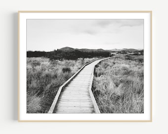 Landscape Boardwalk Print - Black and White Photography Print, Marshland, Wood Boardwalk, 8x10 16x20 Print, Neutral Wall Art