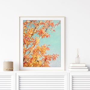 Orange Autumn Leaves Print Botanical Photography Print, Orange Teal Leaves Retro Style Nature Wall Art 8x10 11x14 Print image 2
