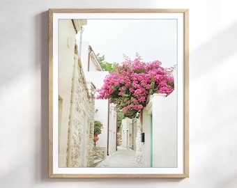 Greece Art - Bougainvillea Flowers Travel Photography Architecturual Europe Street, Cyclades Art Greece Photograph 8x10 16x20 Wall Art Print