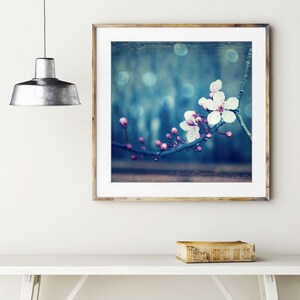 Botanical Photography Plum Blossoms Print, Flower Photography, Pink Blue Wall Art, Floral Wall Art, 8x10 8x8 11x14, Indigo Blue Art image 2