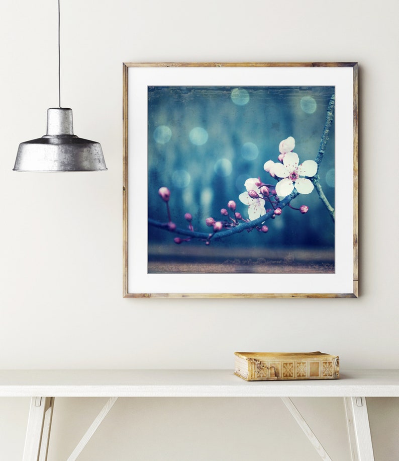 Botanical Photography Plum Blossoms Print, Flower Photography, Pink Blue Wall Art, Floral Wall Art, 8x10 8x8 11x14, Indigo Blue Art image 2