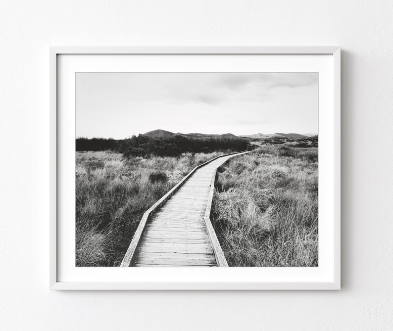 Landscape Black and White Photography, Boardwalk Print, Marsh, Wood Boardwalk, Landscape Print image 1