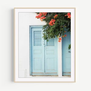 Greece Door Print Travel Photography, Greece Wall Art, Door Print, Pale Aqua Blue, Orange Flowers, 8x10 11x14, Entryway Wall Art image 1