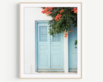 Greece Door Print - Travel Photography, Greece Wall Art, Door Print, Pale Aqua Blue, Orange Flowers, 8x10 11x14, Entryway Wall Art