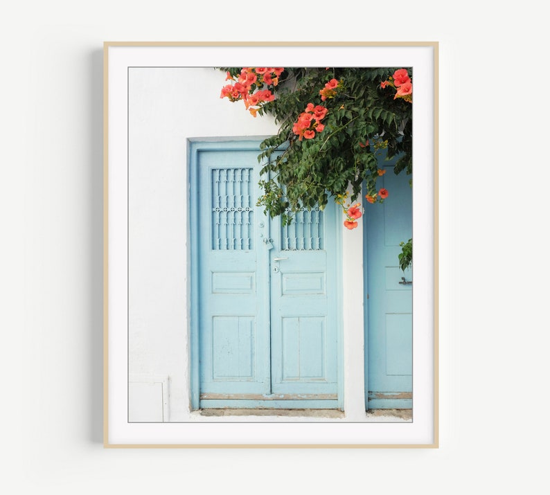 Greece Door Print Travel Photography, Greece Wall Art, Door Print, Pale Aqua Blue, Orange Flowers, 8x10 11x14, Entryway Wall Art image 1