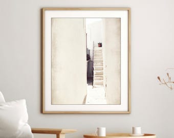 Greece Art, Travel Photography, Stairway Print, Beige Cream Tan Minimal Architecture Art Photography
