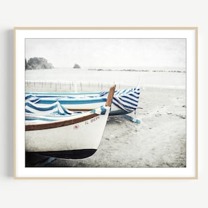 Italy Wooden Fishing Boat Print Blue White Stripes Nautical Photography Wood Boat Photograph Beach Print