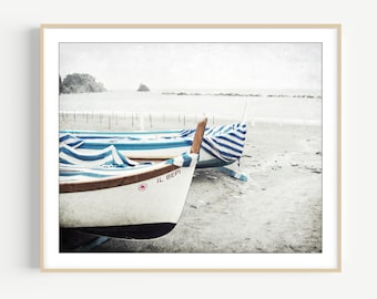 Nautical Photography Print Wooden Fishing Boat Wall Art • Blue White Stripes • Beach Decor