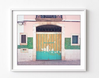 Lisbon Portugal Print - Colorful Wooden Doorway, Travel Photography, Pink Green Wall Art, Architecture Art, Large Wall Art, 8x10 11x14 Print