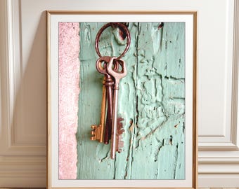 Skeleton Keys Print, French Country Decor, Pink Mint Wall Art, Entryway Wall Art, Cottage Chic Wall Art, 8x10 16x20 Print Travel Photography