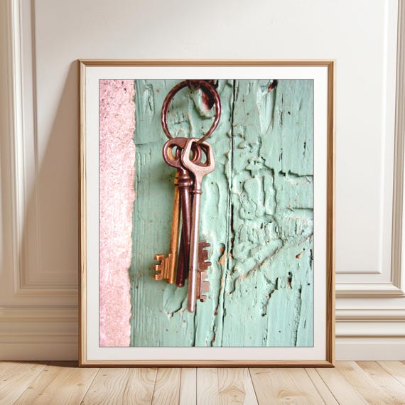 Skeleton Keys Print, French Country Decor, Pink Mint Wall Art, Entryway Wall Art, Cottage Chic Wall Art, 8x10 16x20 Print Travel Photography