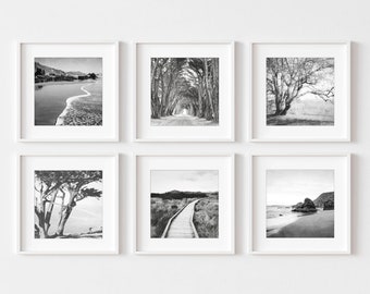 Black and White Landscape Photography Set of Six Prints, Beach Wall Art, Gallery Wall Set, 5x5 8x8 Prints, Black White Print Set