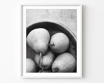 Pear Still Life Print, Black and White Photography. Farmhouse Kitchen Decor, Fruit Still Life, 8x10 16x20, Food Photography