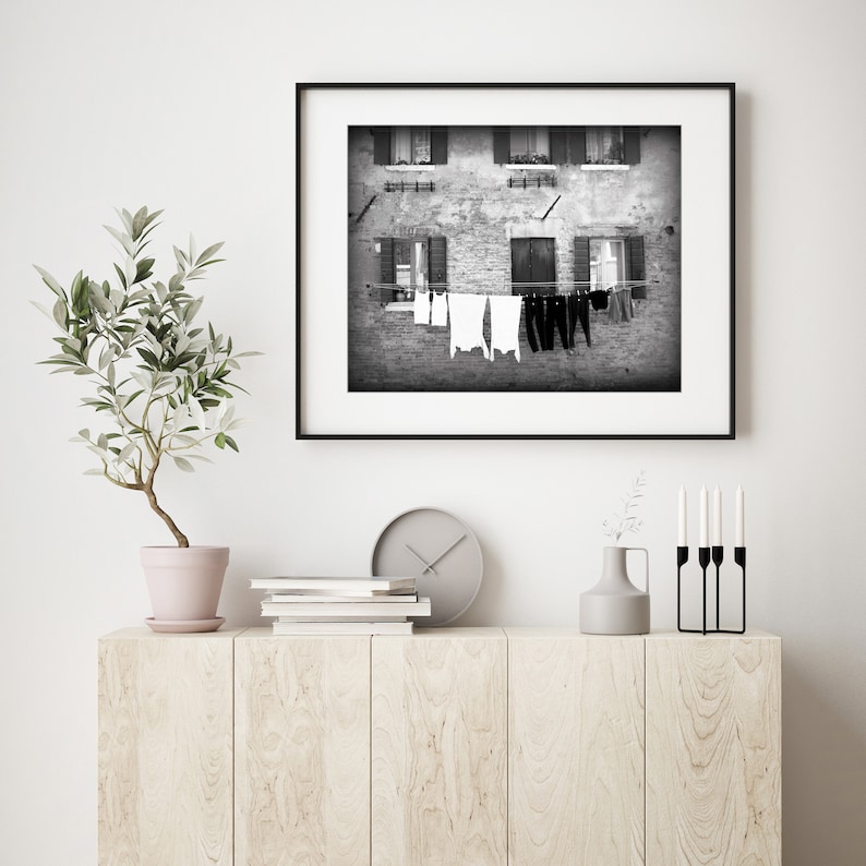 Laundry Room Wall Art, Venice Italy Print, Black and White Travel Photography, Laundry Clothes Line, White Laundry Print image 5