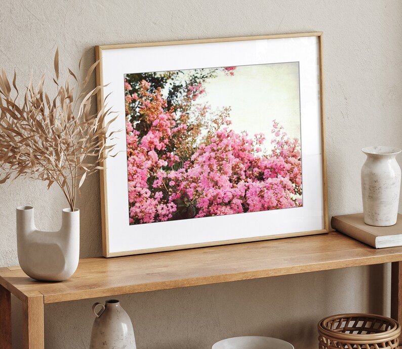 Crepe Myrtle, Flower Photography, Botanical Print, Pink Flowers Wall Art, Vintage Style, Floral Photography, Bedroom Wall Decor image 2