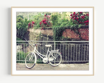 Bicycle Print - Travel Photography, Italy Wall Art, Bike Wall Art, Bridge, Roses, Italian, Europe Wall Art, 8x10 11x14 Print