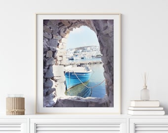 Greece, Wooden Boat Print, Travel Photography, Nautical Blue Wall Art, 16x20 8x10 Print, Fishing Boat Print, Blue Boat Print