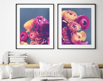 Flower Print Set - Ranunculus Flowers, Set of Two Prints, Botanical Photography, Pink Orange, 11x14 16x20, Floral Bedroom Wall Art