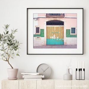 Lisbon Portugal, Travel Photography, Colorful Wooden Doorway, Pink Green Wall Art, Architecture Art, Large Wall Art, 8x10 11x14 Print