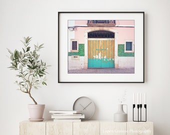 Lisbon Portugal, Travel Photography, Colorful Wooden Doorway, Pink Green Wall Art, Architecture Art, Large Wall Art, 8x10 11x14 Print