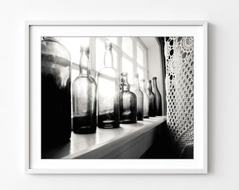 Vintage Bottles Print Black and White Photography Kitchen Wall Art, Dining Room Wall Art, Bar Decor, 8x10 16x10 Print