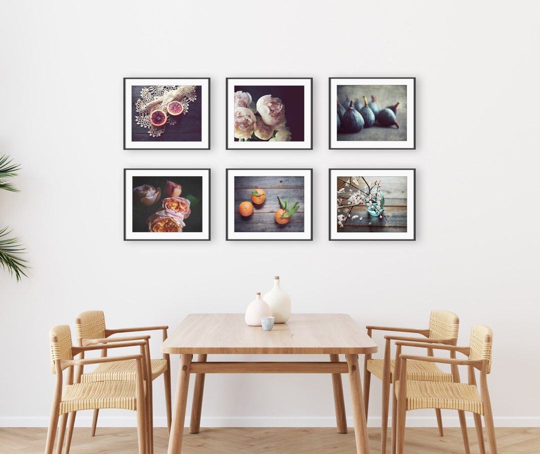 kitchen gallery wall art set of 6, vintage fruit... Kitchen Wall Art, Fruit and Flowers Food Photography Prints Set of 6 ...