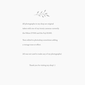 Puede incluir: Un gr&aacute;fico informativo blanco con un icono de hoja gris en la parte superior y texto negro que dice: All photographs in my shop are original taken with one of my trusty cameras currently the Nikon D7000 and the Fuji X100S. Then edited in photoshop sometimes adding a vintage tone or effect. (AI was not used to make any of my photographs) Thank you for visitng my shop! :)