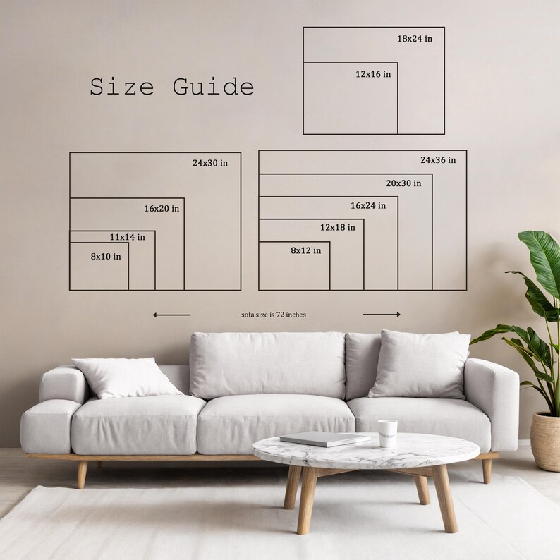May include: A size guide chart featuring black outlines of various rectangular frames with dimensions in inches, including 8x10, 11x14, 16x20, 24x30, 8x12, 12x18, 16x24, 20x30, 24x36, 12x16, and 18x24 inches, positioned above a sofa with a 72-inch width label.