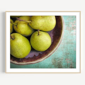 Pear Still Life Print - Food Photography, Farmhouse Kitchen Decor, Aqua Teal Purple Green, Retro Kitchen Wall Art, 8x10 11x14 Print