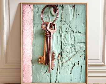 Skeleton Keys Print - French Country Decor, Pink Mint Wall Art, Entryway Wall Art Cottage Chic Wall Art, 8x10 16x20 Print Travel Photography
