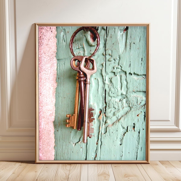 Skeleton Keys Print - French Country Decor, Pink Mint Wall Art, Entryway Wall Art Cottage Chic Wall Art, 8x10 16x20 Print Travel Photography
