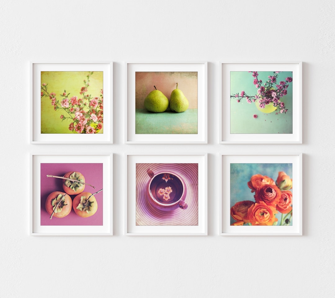 Colorful Kitchen Wall Art Set of 6 Prints, Food Photography Set, Pears