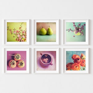 Colorful Kitchen Wall Art Set of 6 Prints, Food Photography Set, Pears, Persimmon, Flowers, 5x5 8x8 Prints, Fruit Still Life Prints