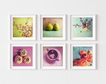 Colorful Kitchen Wall Art Set of 6 Prints, Food Photography Set, Pears, Persimmon, Flowers, 5x5 8x8 Prints, Fruit Still Life Prints