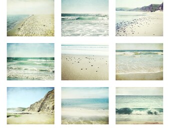 Aqua Beige Beach Photography Gallery Wall Set, Set of 9 Prints, Coastal Decor, Beige Aqua, Ocean Photography Print Set, Living Room Art