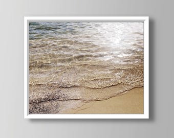 Ocean Water Ripples Art - Beach Photography Print - Greece Travel Wall Art - Ocean Print - Beach Decor, Beige Coastal Wall Art
