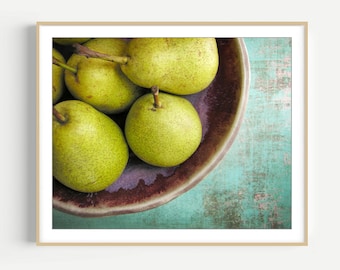 Pear Wall Art, Still Life Photography Print, Rustic Kitchen Wall Art, Green Aqua, Fresh Fruit, Food Photography 8x10 11x14 Wall Art