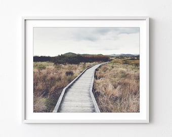 Landscape Photograph, Wood Boardwalk, Rustic Decor, Marshland, Nature Photography, Gray Brown, 8x10 16x20 Print, Neutral Wall Art