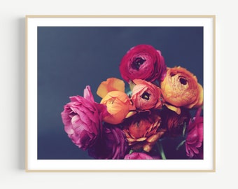 Flower Still Life Photography - Dark Floral Wall Art, Pink Orange Gray, Ranunculus Flowers, 8x10 24x36 Print, Romantic Bedroom Wall Art