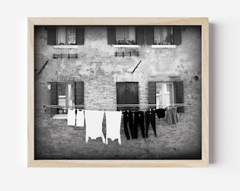 Laundry Room Wall Art - Venice Italy Print, Black and White Travel Photography, Laundry Clothes Line, White Laundry Print
