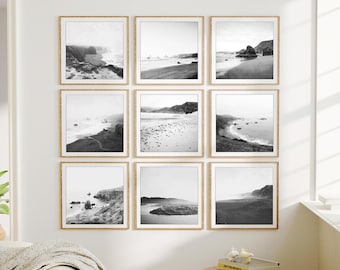 Juego de láminas costeras, fotografía en blanco y negro, juego de 9 láminas, láminas de playas de California, galería de fotos oceánicas en tonos neutros, nueve láminas