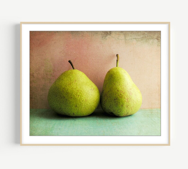 Pear Still Life Print Kitchen Wall Art, Food Photography, Pink Aqua, Mid Century, Retro Style Kitchen Decor, 8x10 11x14, Wall Art Print image 1