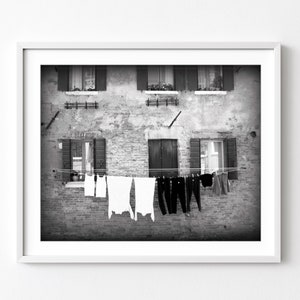 Laundry Room Wall Art, Venice Italy Print, Black and White Travel Photography, Laundry Clothes Line, White Laundry Print image 1