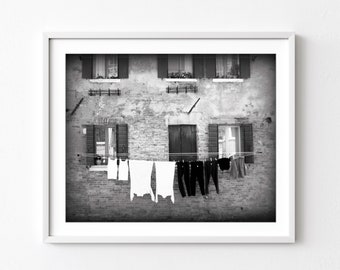 Laundry Room Wall Art, Venice Italy Print, Black and White Travel Photography, Laundry Clothes Line, White Laundry Print